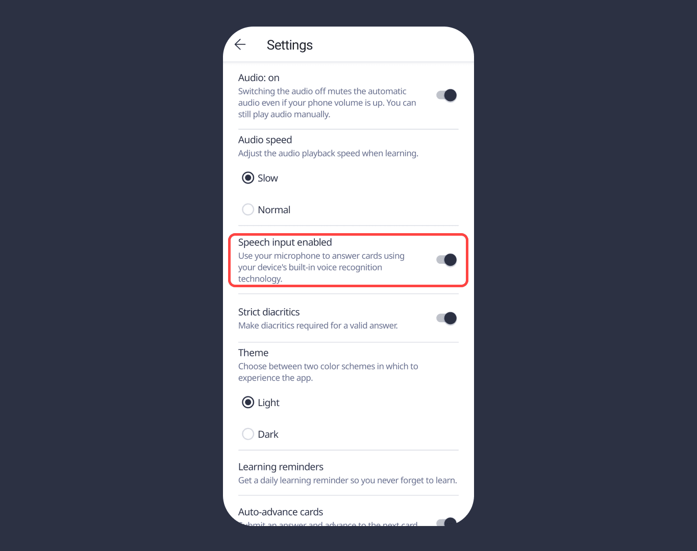 Lingvist settings speech input mobile