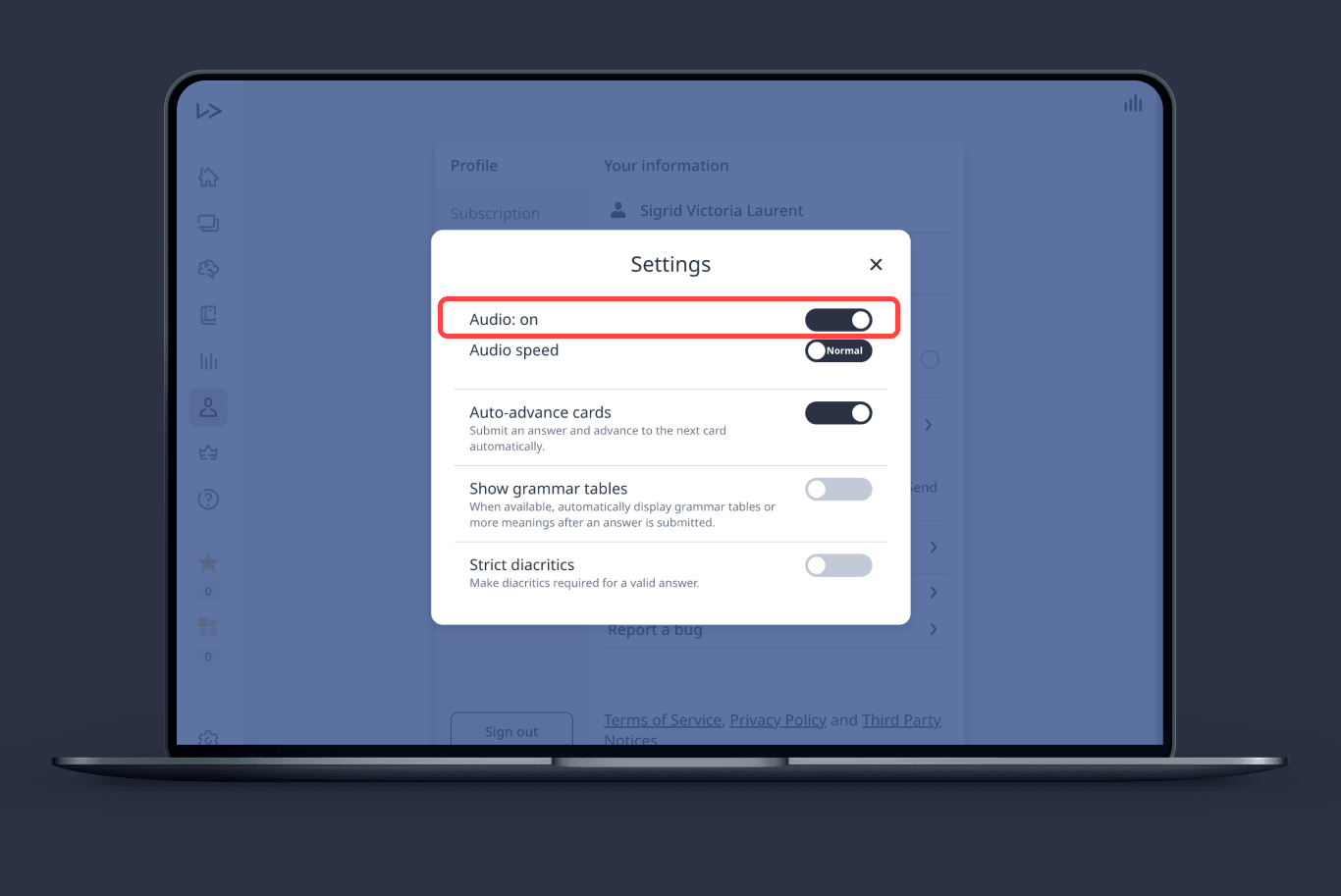 lingvist web audio settings