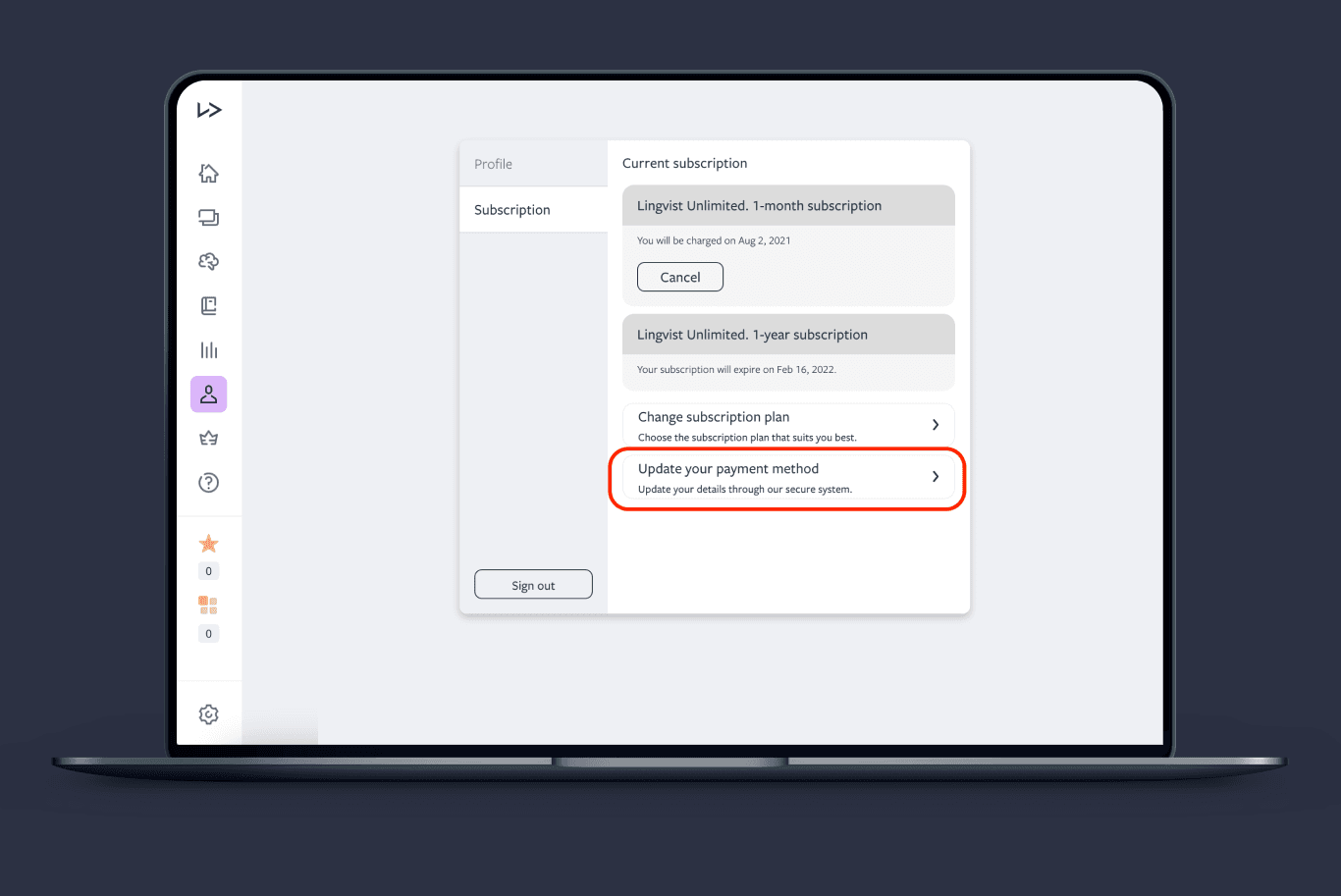Lingvist web change payment method