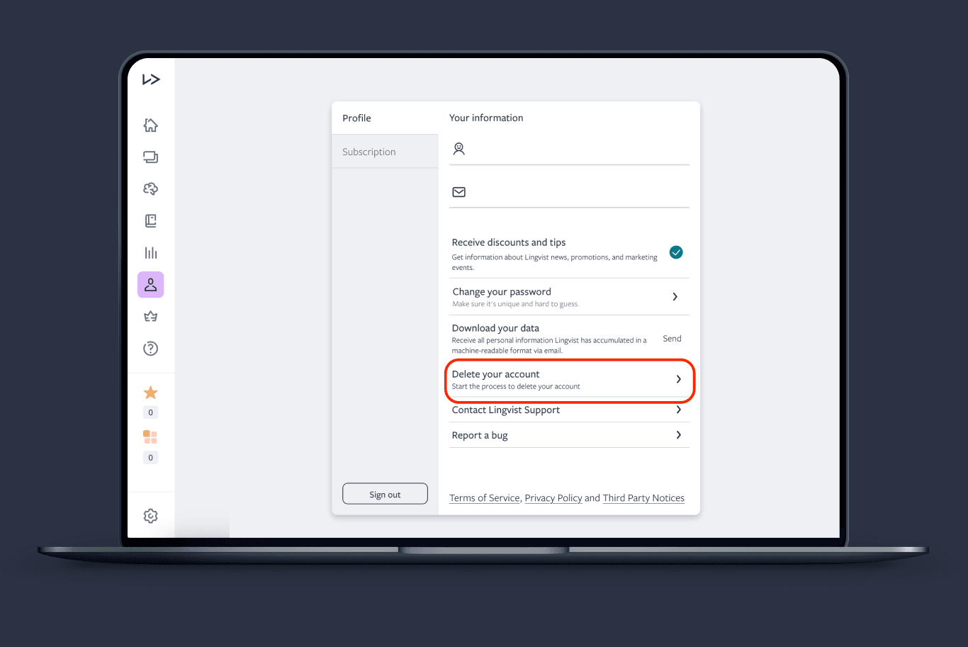 Lingvist web delete account